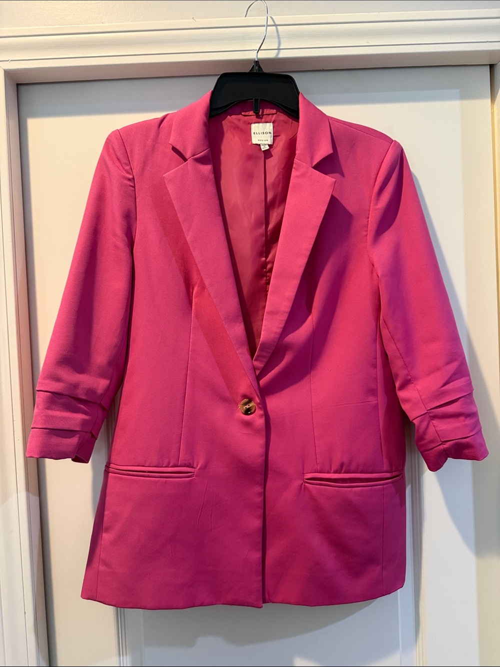 Ellison Hot Pink Single-Button Blazer with Ruched 3/4 Sleeves